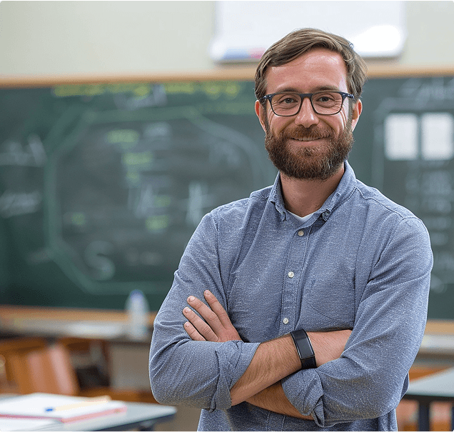 Smiling teacher with arms crossed